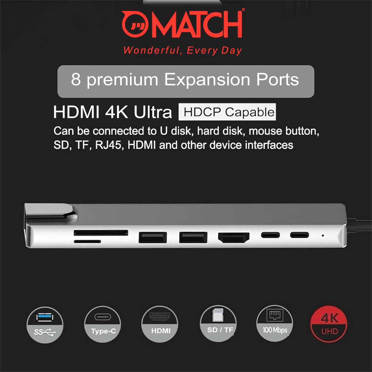 USB Hub (8-in-1) with 4K 30Hz HDMI, 100 Mbps Ethernet, microSD/SD Card Reader, Type-C Data, PD Charging, Type-C Plug for Laptop, Mac, PC (Grey)