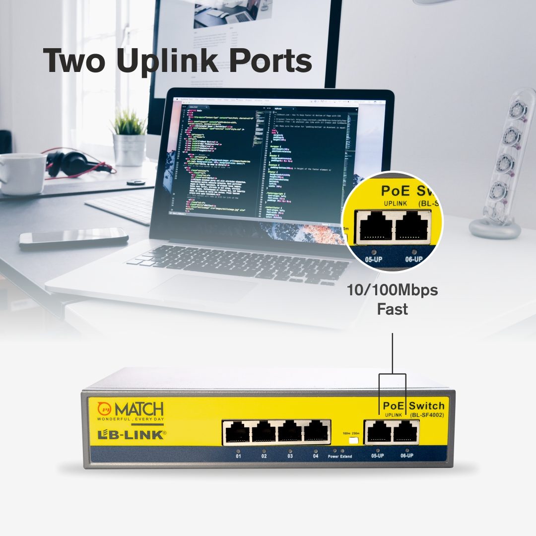 This 4 port poe switch has two uplink ports with a speed of 10/100Mbps
