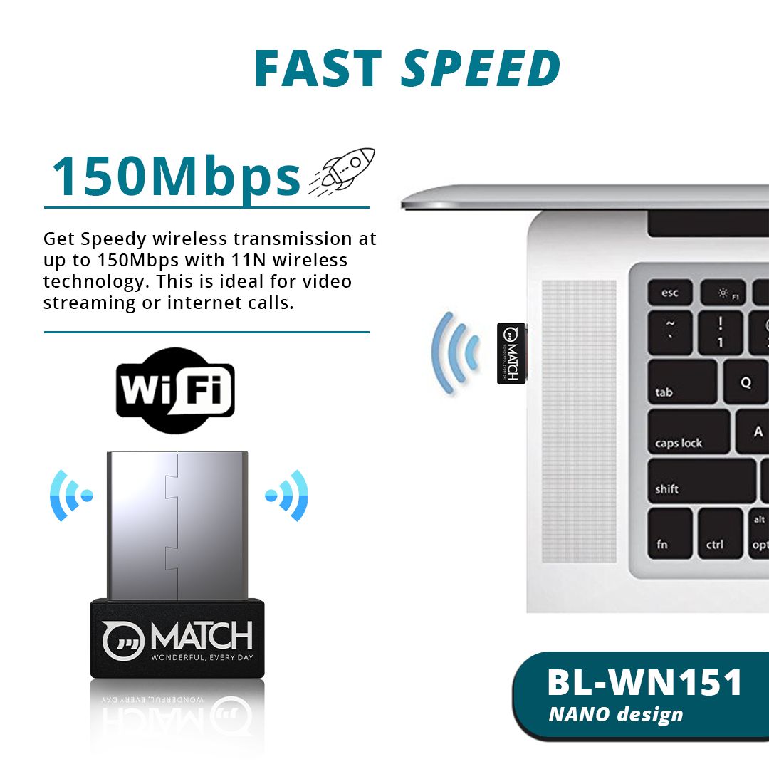This nano wifi dongle provides a speed of up to 150mbps.