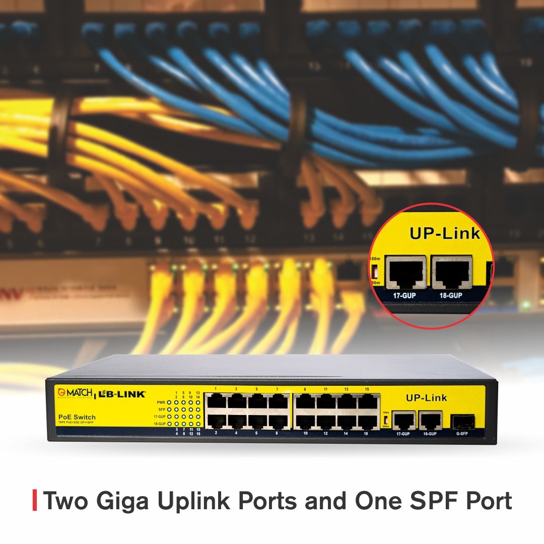 This 16 Port PoE Switch has two giga uplink ports that provide 10/100/1000mbps speed
