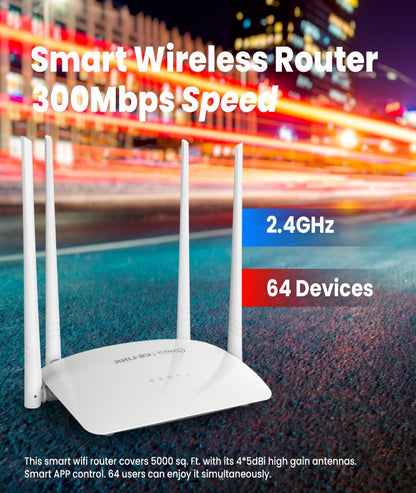 wireless router with 300mbps and 64 devices connectivity and 2.4GHz Band