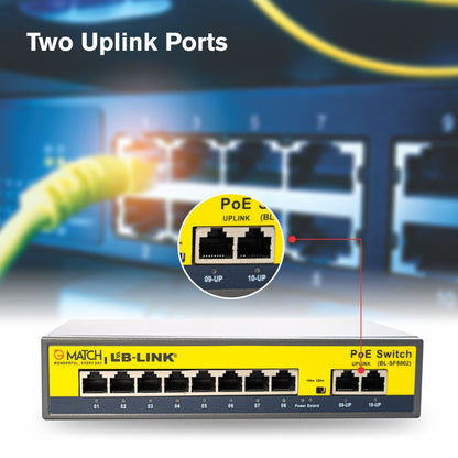 This Match LB-Link Poe switch has two uplink ports that provide 10/100mbps uplink speed